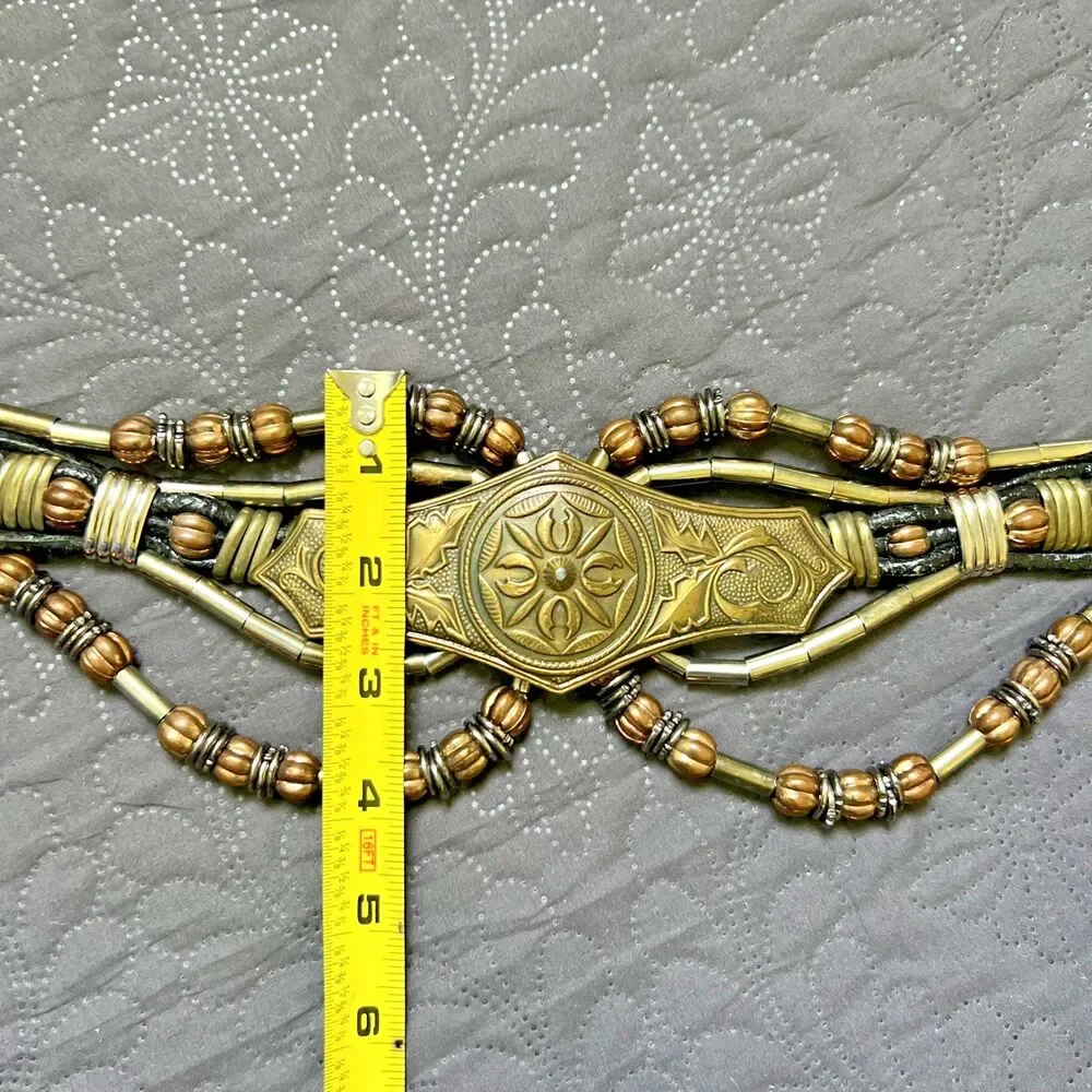 Vintage Boho Multi Strand Leather Belt Bronze Beaded Statement Festival Waist